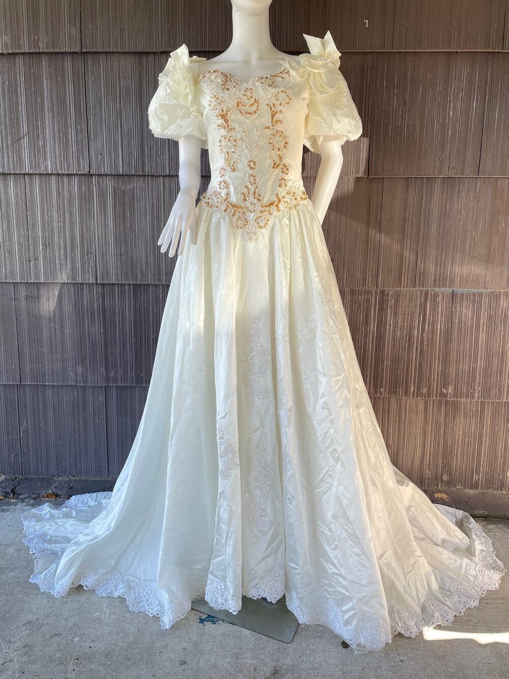 🔥80s Jacqueline Bridal Off The Shoulder Puff Sleeve Cathedral Wedding Dress